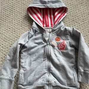 H&M Gray Hoodie with Red Striped Hood and Fun Patches